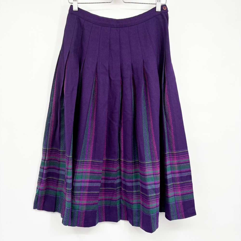 Pendleton Womens Vintage Purple Plaid Wool Pleated Dark Academia Midi Skirt 6